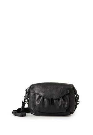 Black leather crossbody bag with front pocket and adjustable strap, displayed against a white background.