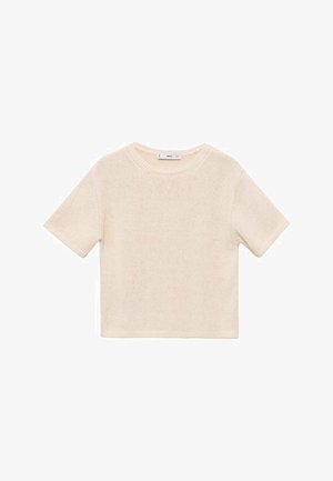 Cream-colored, short-sleeved knit top with a round neckline and a textured finish. Simple, cropped design without embellishments.