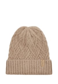 Berretto lavorato a maglia beige con motivo a spina di pesce, dotato di un orlo a coste e di una piccola etichetta. Realizzato in morbida lana.