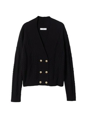 Zwarte kabelgebreide cardigan met brede geribde sjaalkraag en zes gouden decoratieve knopen aan de voorkant.