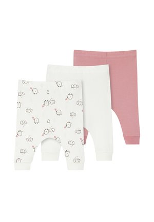 Drie paar kinderleggings: één met een witte achtergrond met speelse dierenillustraties, één volledig wit en één in zachtroze.