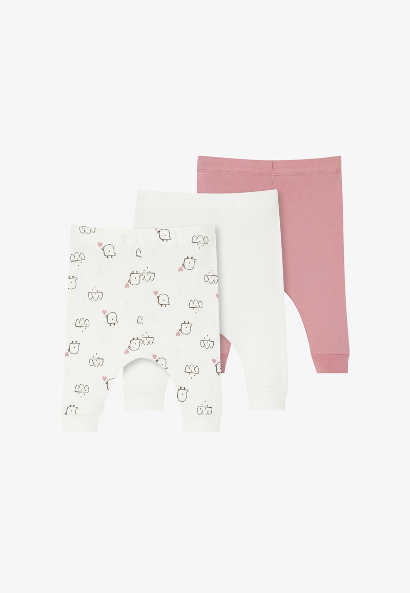 Drie paar kinderleggings: één met een witte achtergrond met speelse dierenillustraties, één volledig wit en één in zachtroze.