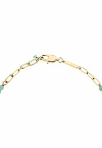 Bracciale in oro con maglie ovali e piccole perle di turchese. Include un moschettone e un'etichetta in metallo con il marchio.
