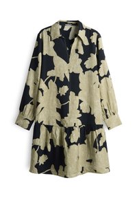 Langärmliges, kragenloses Kleid mit großem beigen Blumenmuster auf schwarzem Hintergrund, geraffter Taille und geknöpften Manschetten.