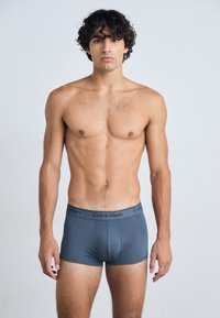 Graue Baumwoll-Boxershorts mit einem Logo-Bund, gefüttert und glatt im Design, getragen von einem Model vor einem neutralen Hintergrund.