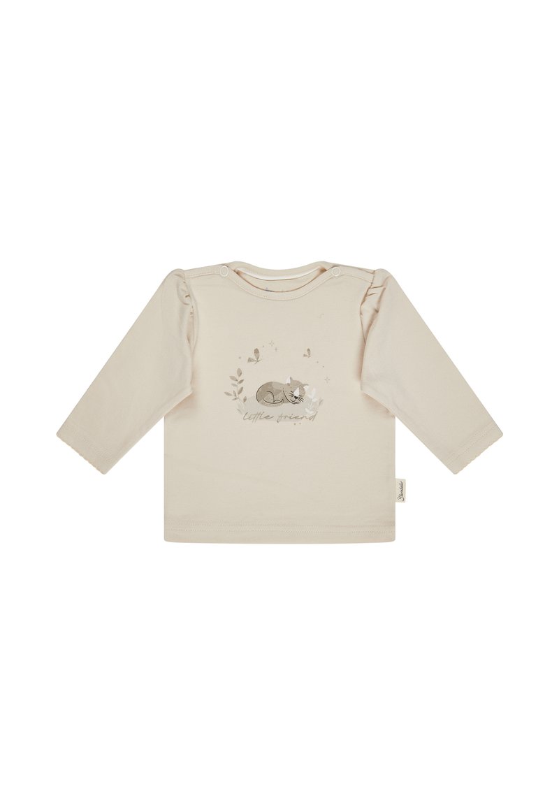Cream long-sleeved cotton shirt with gathered shoulders, featuring a printed illustration of a sleeping cat, butterflies, and greenery.