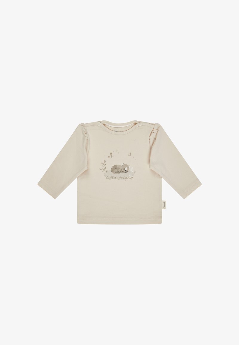 Cream long-sleeved cotton shirt with gathered shoulders, featuring a printed illustration of a sleeping cat, butterflies, and greenery.