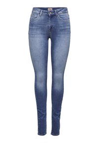 Jeans skinny en denim, avec des poches avant, une taille mi-haute et un léger délavage sur les cuisses. Design classique à cinq poches.