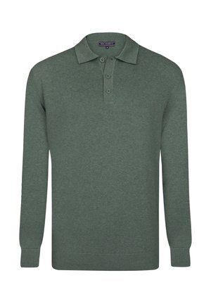 Langærmet grøn strikket polo-trøje med tre knapper og ribbede manchetter og kant, vist på hvid baggrund.