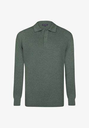Pull polo vert en maille à manches longues avec trois boutons et bords-côtes aux poignets et à l'ourlet, présenté sur fond blanc.