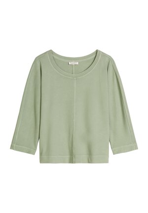 Lichtgroen damesshirt met lange mouwen, ronde halslijn en centrale naaddetail, gemaakt van zachte, gladde stof.