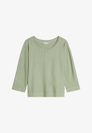 Hellgrünes Damenhemd mit langen Ärmeln, Rundhalsausschnitt und mittiger Naht, aus weichem, glattem Stoff.