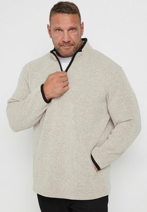 Homme portant un pull beige à fermeture éclair quart de zip avec bordure noire, une main tirant la fermeture éclair, l'autre main dans la poche, regardant la caméra sur fond blanc.