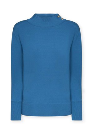Pull bleu avec un col haut, des poignets côtelés et un détail de bouton sur le côté. Fabriqué en tissu tricot lisse, il présente une couleur unie sans motifs.