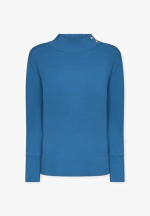 Blauwe trui met een hoge hals, geribbelde manchetten en een zijknopdetail. Gemaakt van een glad gebreid materiaal, met een effen kleur zonder patronen.