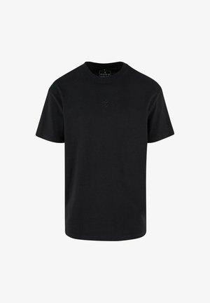 Czarny bawełniany T-shirt z okrągłym dekoltem, krótkimi rękawami i delikatnie wytłoczonym logo na piersi. Klasyczny krój z prostym dołem.