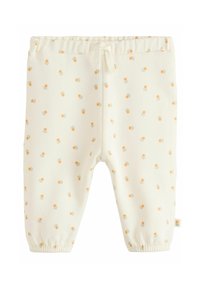Pantaloni cream chiaro realizzati in tessuto morbido, con un motivo floreale in arancione e verde su tutta la superficie, dotati di un elastico in vita e ai polsi.