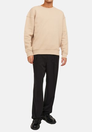 Beige sweatshirt med rund halsringning och ribbad ärm, kombinerad med svarta byxor och svarta skor. Avslappnad passform med en enkel design.