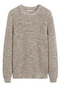 Strickpullover in einer Mischung aus beigen, braunen und grauen Farbtönen; verfügt über einen Rundhalsausschnitt und lange Ärmel mit gerippten Bündchen und Saum.