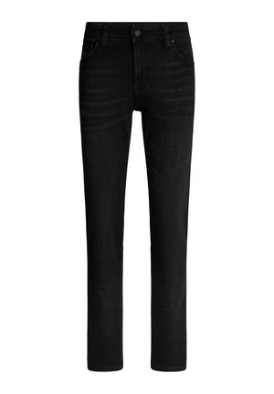 Schwarze Jeanshose mit geradem Schnitt, vier Taschen und Knopfverschluss. Glatte Textur mit subtilen Verwaschungen.