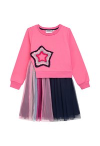 Rosa Sweatshirt mit einem Stern-Patch und einem geschichteten Tüllrock in Rosa, Lila, Grau und Marineblau. Lange Ärmel und runder Ausschnitt.