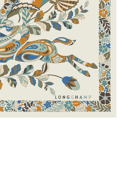 Colorful scarf design featuring a running hare surrounded by intricate floral patterns in blue, orange, and green on a light background.