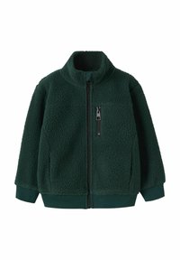 Green fleece jacket with a high collar, full zipper, and ribbed cuffs. Features textured fabric and a zippered chest pocket.