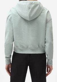 Sudadera corta de color verde menta claro con capucha ajustable, puños acanalados y un dobladillo texturizado, fabricada con una suave mezcla de algodón.