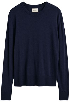 Granatowy sweter z pulowerem, wykonany z miękkiej dzianiny. Posiada okrągły dekolt, długie rękawy oraz ściągacze na mankietach i dole. Brak widocznych wzorów.