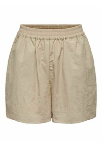 Beige, lichte shorts met een elastische tailleband, geplooide voorkant en een ontspannen pasvorm. De stof heeft een licht gekreukt textuur.