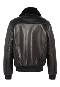 Veste en cuir noir avec un col en shearling, des poignets et un ourlet côtelés, présentant une texture lisse et des lignes épurées à l'arrière.