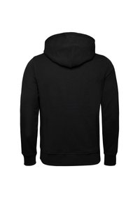 Sudadera negra con capucha, de mangas largas y puños acanalados. Fabricada con material suave, presenta una textura lisa y sin logotipos ni diseños visibles.