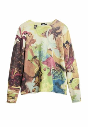 Pitkähiha-paita, jossa on värikäs abstrakti kukka- ja ihmisfiguurikuosi pastellisävyissä vihreää, vaaleanpunaista, ruskeaa ja sinistä.