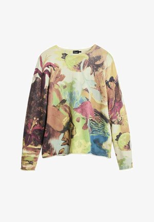 Pitkähiha-paita, jossa on värikäs abstrakti kukka- ja ihmisfiguurikuosi pastellisävyissä vihreää, vaaleanpunaista, ruskeaa ja sinistä.
