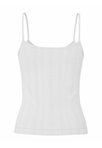Top blanco sin mangas con tirantes delgados, que presenta una textura acanalada y sutiles rayas verticales. El material parece suave y ligero.