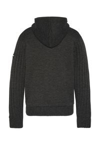 Ciemnoszara bluza z kapturem o prążkowanej fakturze, z dopasowanym pasem i mankietami oraz gładkim, dzianym tyłem.