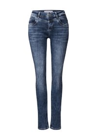 Jeans in denim slim-fit di colore blu scuro con finitura sbiadita. Presentano cinque tasche, una chiusura con zip e passanti per cintura. Tessuto in cotone misto testurizzato.