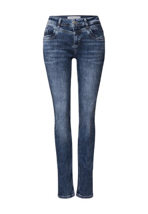 Jean en denim slim fit bleu foncé avec une finition délavée. Comprend cinq poches, une braguette zippée et des passants de ceinture. Tissu en mélange de coton texturé.
