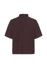 Korte mouwen top in donker bordeaux met een gestructureerde, gelaagde stof. Kenmerkt zich door een hoge, gerimpelde halslijn en een losse, vierkante snit.