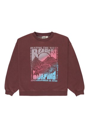 Sudadera burdeos de cuello redondo con gráfico de montañas, flores y texto que dice "Hunting the waves," "Rosin Surfing," y "Established in 1990."