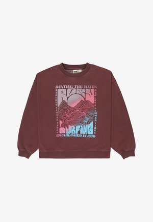 Sudadera burdeos de cuello redondo con gráfico de montañas, flores y texto que dice "Hunting the waves," "Rosin Surfing," y "Established in 1990."