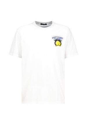 Weißes T-Shirt mit kurzen Ärmeln, auf der linken Brustseite bedruckt mit gelben Zitronen und blauem Text "EAST COAST MY FAVORITE".