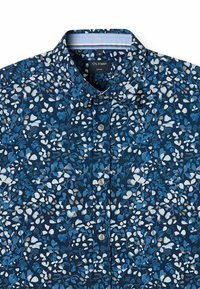 Blue floral-patterned casual shirt with a button-down collar, featuring white and light blue accents, made of a smooth fabric.