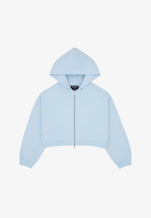 Hellblauer, kürzlich geschnittener Hoodie mit Frontreißverschluss, langen Ärmeln und Kapuze, mit dezent auf der Brust gesticktem Markenlogo.
