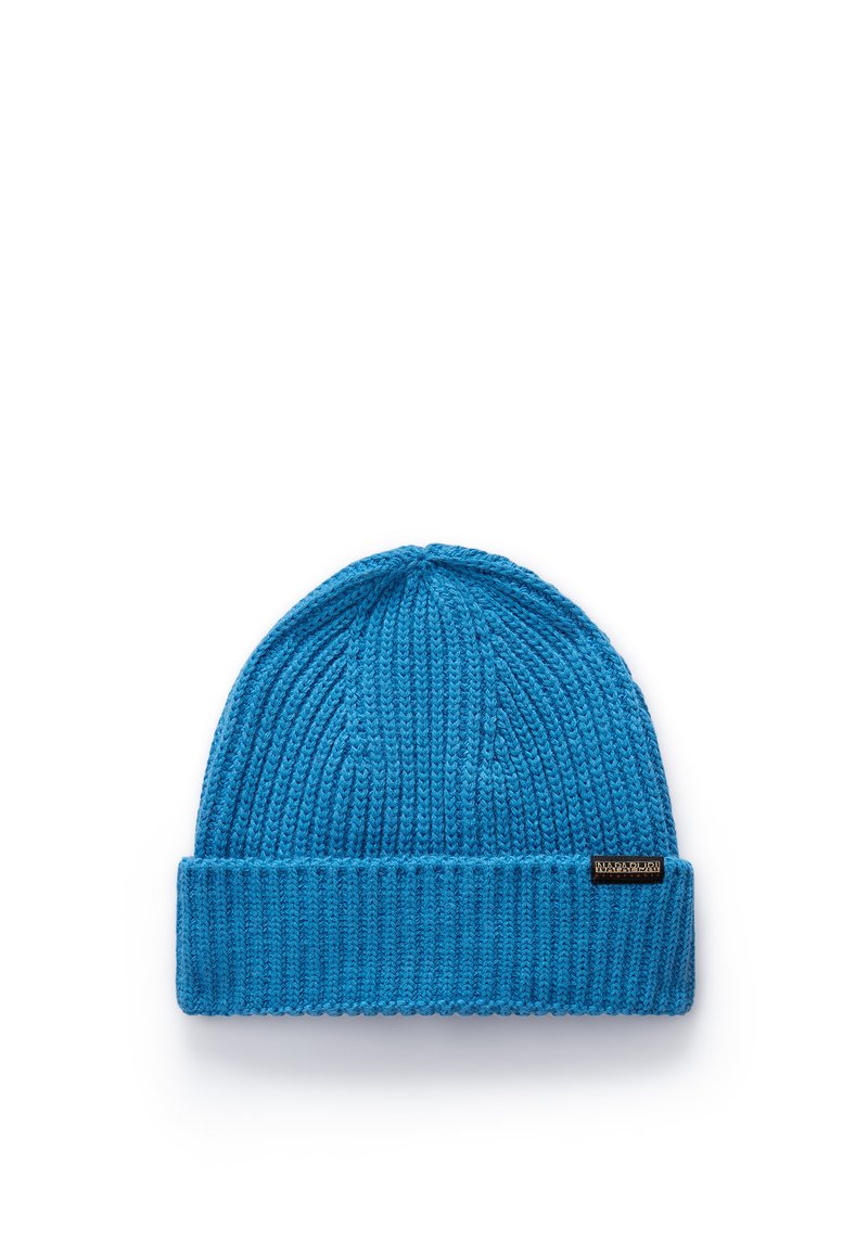 Berretto di lana blu a maglia con una texture a coste, caratterizzato da un risvolto, e un piccolo etichetta con logo sul lato per il branding.