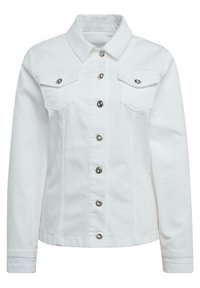 Weiße Jeansjacke mit Kragen, vorderem Knopfverschluss, zwei Brusttaschen und silberfarbenen Hardware-Akzenten. Mit langen Ärmeln.