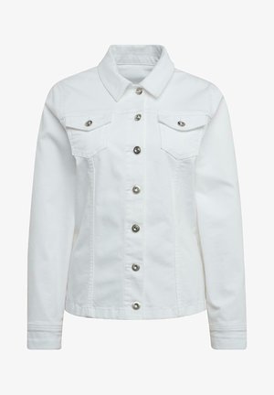 Witte denim jas met een kraag, frontale knoopsluiting, twee borstzakken en zilveren hardware accenten. Heeft lange mouwen.