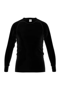 Chemise noire à manches longues en tissu lisse, avec des manches raglan et un col rond, dotée de détails de couture subtils.