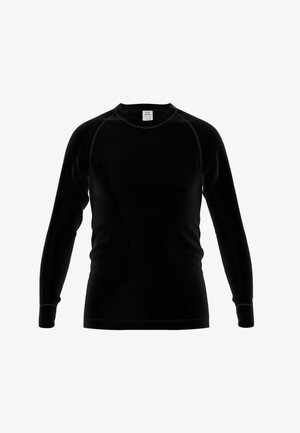 Schwarzes Langarmshirt aus glattem Stoff, mit Raglanärmel und Rundhalsausschnitt, versehen mit dezenten Nähdetails.