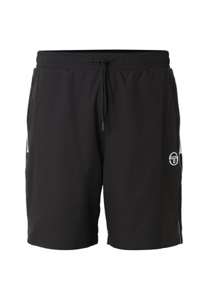 Zwarte atletische shorts met een elastische tailleband en trekkoord, voorzien van witte zijstrepen en een klein rond logo op het linkerbeen.